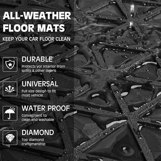 CAR PASS Bling Diamond Car Mats Rubber Floor Mats Full Set Anti-Slip 3D Rhombus Waterproof Trim to Fit Liner Universal Glitter Crystal Sparkly Shining Rhinestone Girl Women SUV Sedan, Silver Diamond