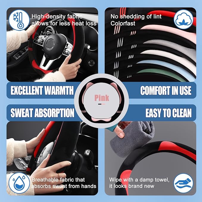 Furry Cute D Shaped Steering Wheel Cover, Soft Fluffy Short Plush Auto Accessories, Non-Slip Cold-Proof Sweat-Proof Colorfast, Universal 15 inch(Black with Pink)