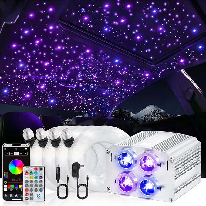 4 Colors 32W Twinkle Car Starlight Headliner Kit 1200pcs*0.03in*13.1ft with APP&RF Remote,RGBW Fiber Optic Strands Star Roof Lights,4 Port Engine Sound Activated Ceiling Star Lights for Home/Car Decor