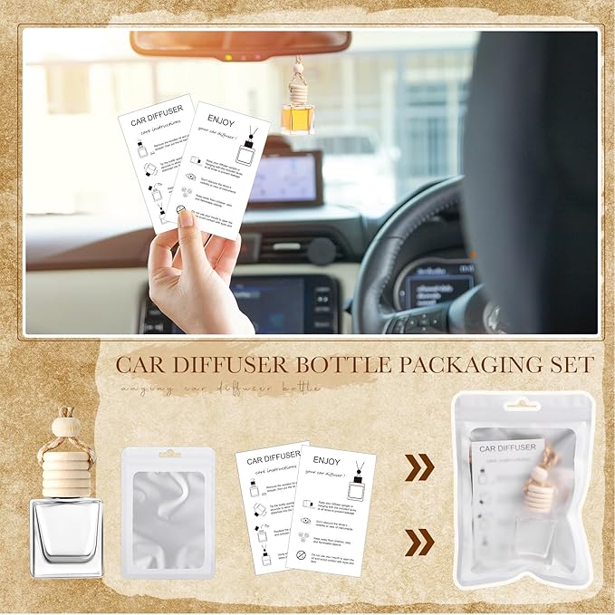 Boao 50 Sets Hanging Car Air Freshener Diffuser Bottles with Instruction Card and 4 x 6'' Resealable Holographic Bag for Empty Car Essential Oil Perfume Bottles Packaging (Cube)