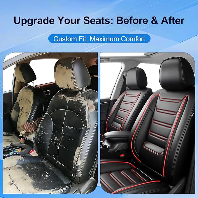 Fit CX-3 Car Seat Covers (Front Pair) for Select Mazda CX3 2016-2024 - Premium Full Coverage Leather, Airbag Compatible & Scratch-Resistant, Waterproof All Weather Seat Protector, Red Trim