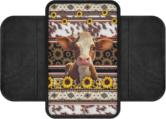 Aztec Tribal Cow Sunflower Pattern Car Center Console Cover Lightweight Automobile Armrest Covers Wear-Resistan Car Armrest Pad Car Decor Accessories