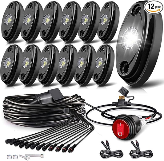White Rock Lights,LEDMIRCY R1 LED Rock Lights Kit with Toggle Switch Wiring Harness 12PCS Luces para Carro for Trucks ATV UTV Golf Cart Under Glow Light High Power IP68 Waterproof
