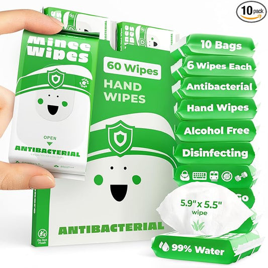 Impossibly Compact Travel Antibacterial Wipes Hand Sanitizer - 99.5% Water and Aloe - Safe for Sensitive Skin & Hypoallergenic Hand Wipes - Travel Essentials For Adults & Kids, 10 Pack Total 60 Wipe