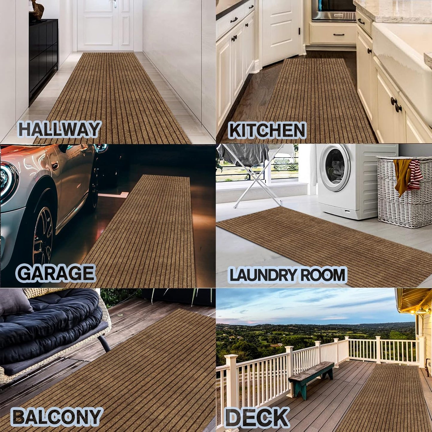 Custom Size Backed Non-Slip Area Rugs Runner, Easy Clean, Waterproof Runner Rugs for Hallway Entryway, Kitchen, Laundry, 2FT x 65FT, Brown Stripe