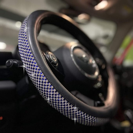 PINCTROT Large Size Bling Comfy Steering Wheel Cover with Jumbo Crystal Rhinestones, Anti-Slip Diamond Leather, 15.5-15.75 Inch (Blue)