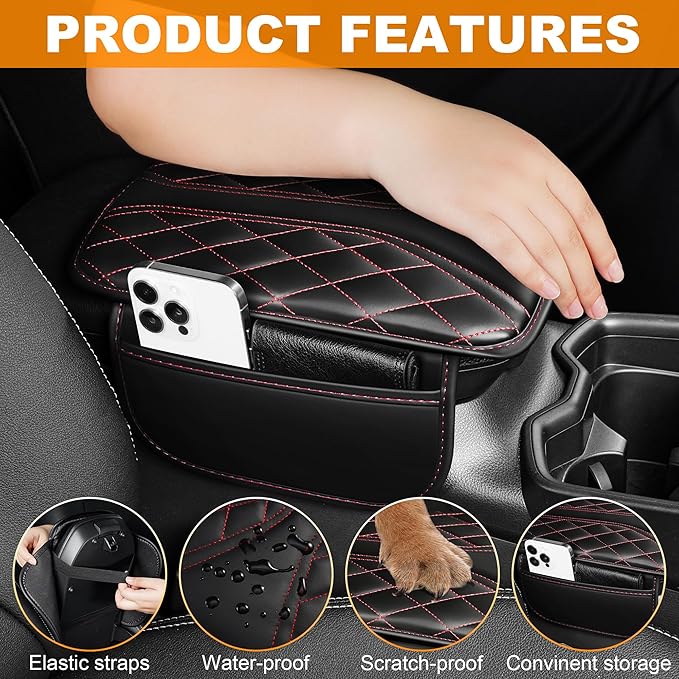 Car Center Console Cover Fit for Jeep Wrangler - Leather Armrest Covers with 2 Storage Pockets(Black&Red)
