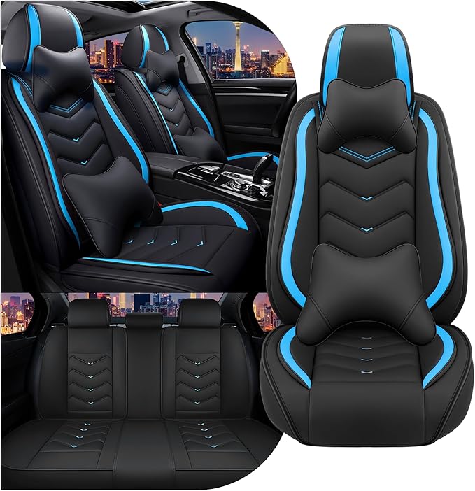 CTDS Car Seat Covers for Hyundai Kona 2018-2026, Stylish Sport Seat Cover, Premium Nappa Leather Car Seat Cover. Automobile Seat Covers Sets.(Luxury 5 Seats/Black Blue)