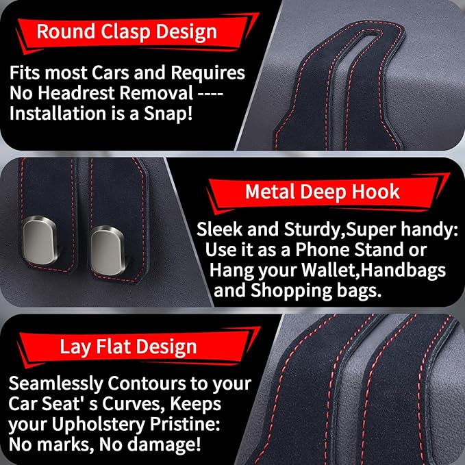 Car Seat Headrest Hooks for Purses and Bags, 2 Pack Bag Purse Holder for Car With Double Metal Hooks, Car Purse Hanger, Headrest Back Seat Handbags Hook Cute Hanging Accessories, Black