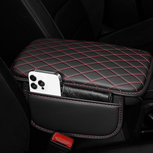 Center Console Cover Fit for Kia Optima 2006-2020 with 2 Storage Bags Waterproof Leather Quilted Pattern Car Armrest Cover Cushion Anti - Slip(Black&Red Line)