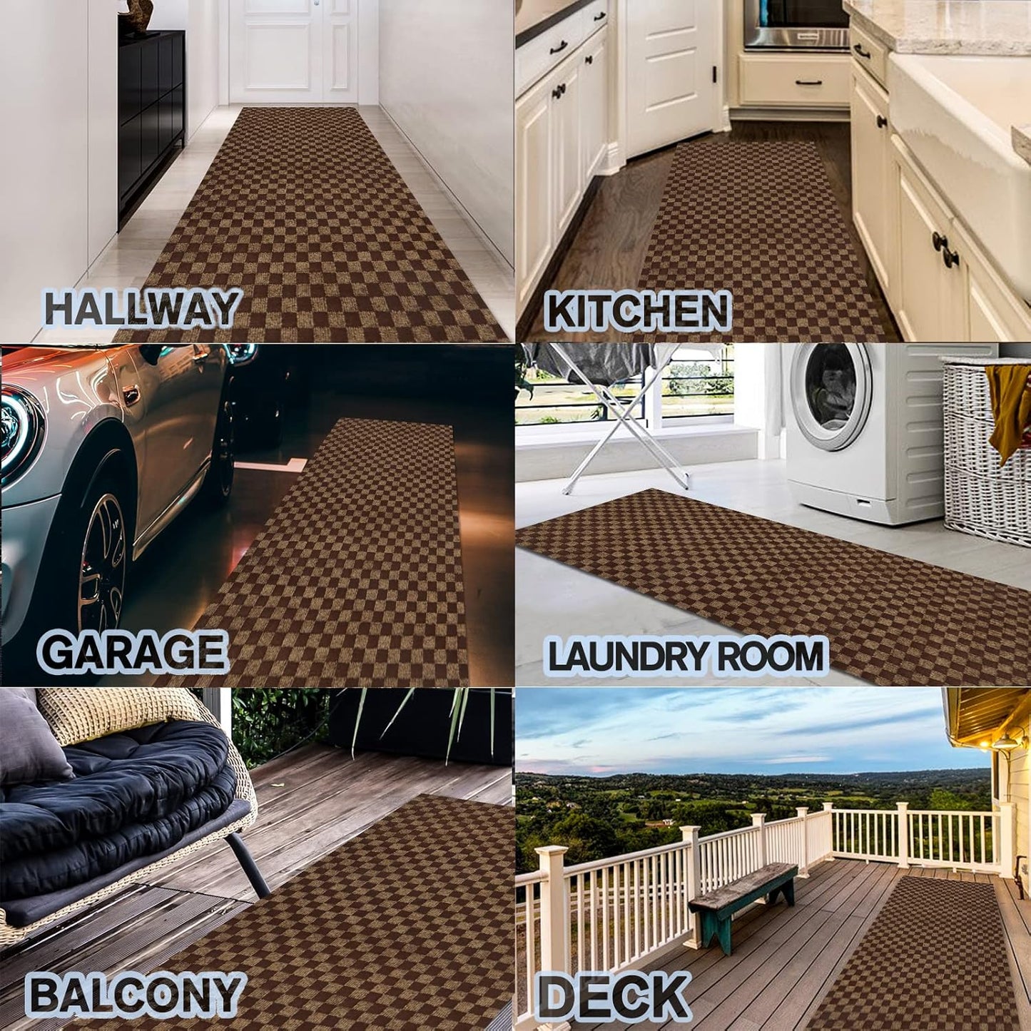 Custom Size Backed Non-Slip Area Rugs Runner, Easy Clean, Waterproof Runner Rugs for Hallway Entryway, Kitchen, Laundry, 3FT x 56FT, Brown Checkered