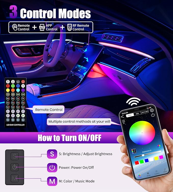 KENANEK 175inch Acrylic LED Lights for Car Kit – 6 Dreamcolor Interior Car LED Strip Lights, APP/Remote/Control Box, Music Sync, Dual USB Cigarette Lighter, Universal Fit for Car/SUV/Truck