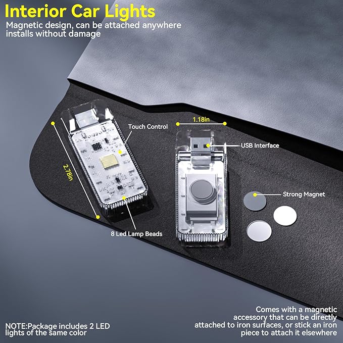 2 PCS Car LED Lights, Portable Magnetic Car USB Atmosphere Interior Light, 8 High-Brightness LED Beads, Rechargeable Touch-Sensitive Light for Vehicles, Bedrooms, Hallways, Camping(2 Red)