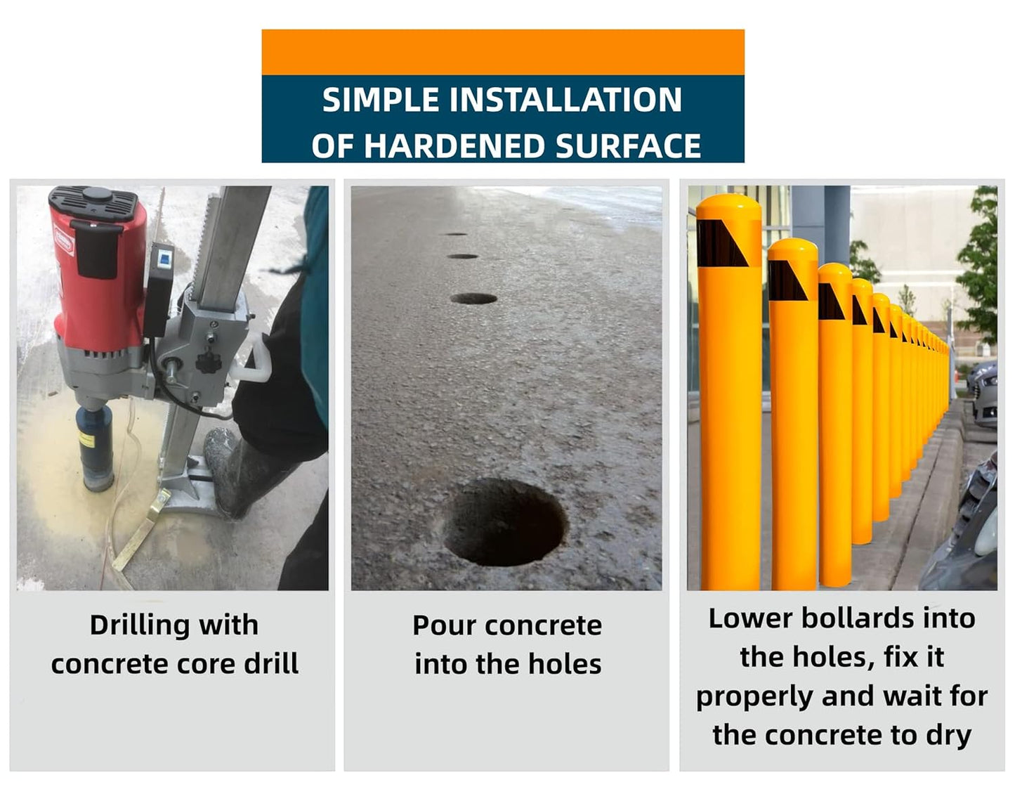 58" Pour in Place Steel Bollard Post, 5-1/2" OD Safety Bollard Yellow Powder Coat, Metal Bollard Parking, Driveway Barrier