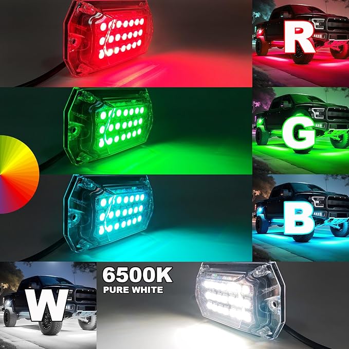 12 Pods Full Angle RGBW LED Rock Lights, 6500K Pure White RGB Rock Light for Truck Jeeps Pickup Offroad Golf Cart SUV UTV Underbody, 12V Waterproof Neon Underglow Kit with APP/RF Remote Sync Music