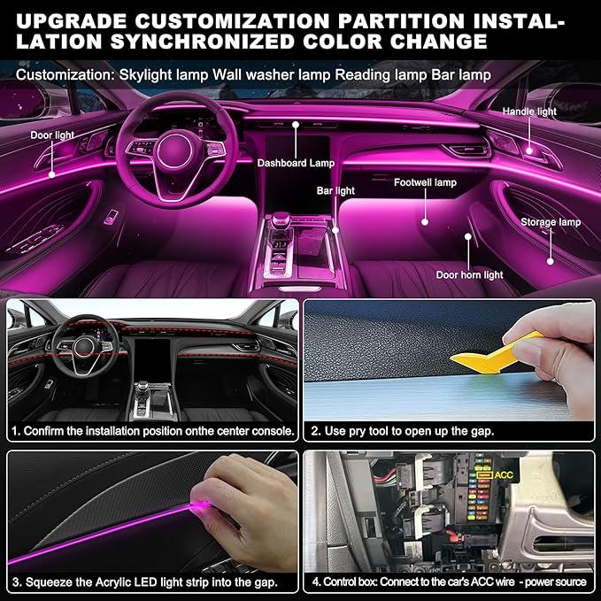 Acrylic Interior Car LED Strip Light with Wireless APP, RGB 18 in 1 with 175 inches 600 LEDs Fiber Optic Strip Lights for Car, Dynamic Chasing Sound Active Neon Car Ambient Lighting Kits