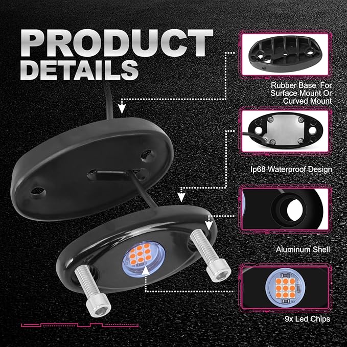 12 Pods Purple LED Rock Lights Neon Underglow Lamp for Car Truck ATV SUV Under Body Glow Light Taillights for Vehicles