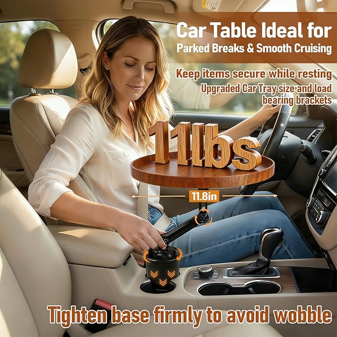Car Food Cup Holder Tray - 360° Rotating Car Table and Car Seat Tray, Detachable Wooden Car Desk for Laptop and Food Tray, Compatible with Tesla Model Y/3/S, Ford F150/Explorer (Brown, 11.8")