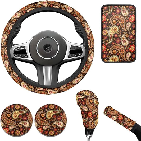 Bandanna Print 6pcs Car Steering Wheel Cover Set for Men Women Car Accessories Handbrake Cover Cup Coaster Auto Interiors Decor for Men Women 6pcs