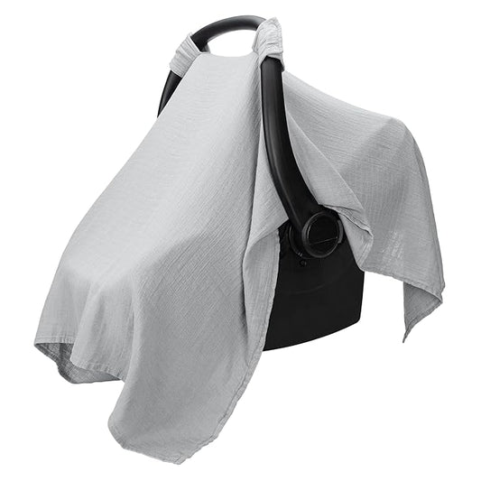 Comfy Cubs Baby Car Seat Cover - Soft, Breathable Bamboo Rayon and Muslin Cotton Blend - Lightweight Canopy for Sun, Bug, and Comfort Protection - Large Size Infant Seat Cover in Heather Blue Design