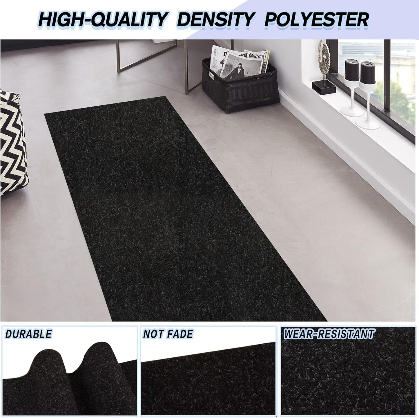 Custom Size Backed Non-Slip Area Rugs Runner, Easy Clean, Waterproof Runner Rugs for Hallway Entryway, Kitchen, Laundry, 3FT x 47FT, Black