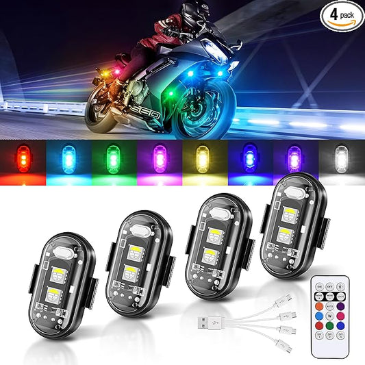 Wireless LED Strobe Lights Remote Control, 8 Colors USB Charing Waterproof Anti-Collision Flashing Emergency Warning Lights for Car Motorcycle Drone Aircraft Bike 4PCS