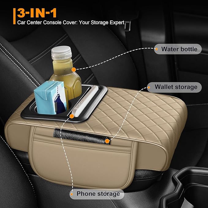 Armrest Cover for Car Fit for Jeep Wrangler - Center Console Cover with Cup Holders and 2 Storage Pockets(Beige)