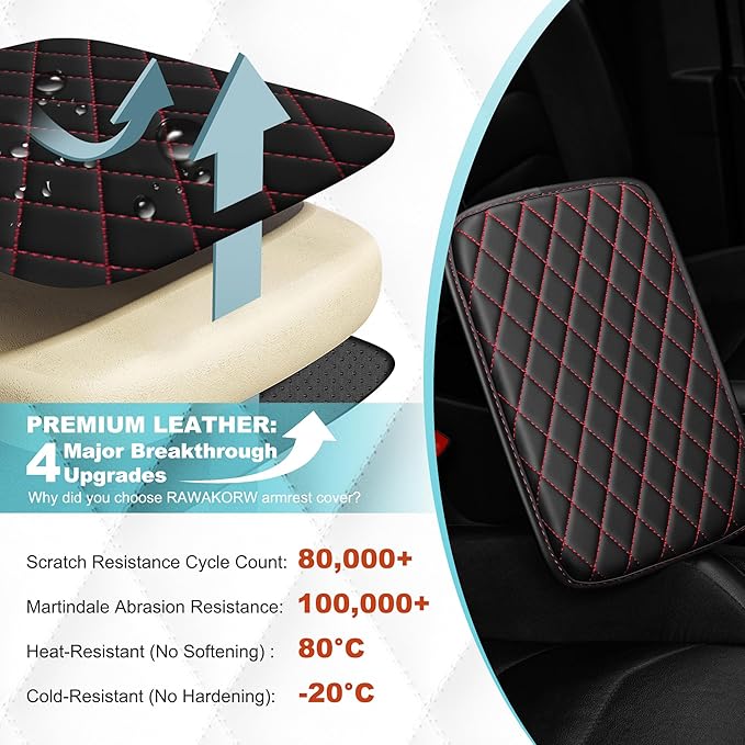 Center Console Cover Fit for Kia Soul 2010-2025 with 2 Storage Bags Waterproof Leather Quilted Pattern Car Armrest Cover Cushion Anti - Slip(Black&Red Line)