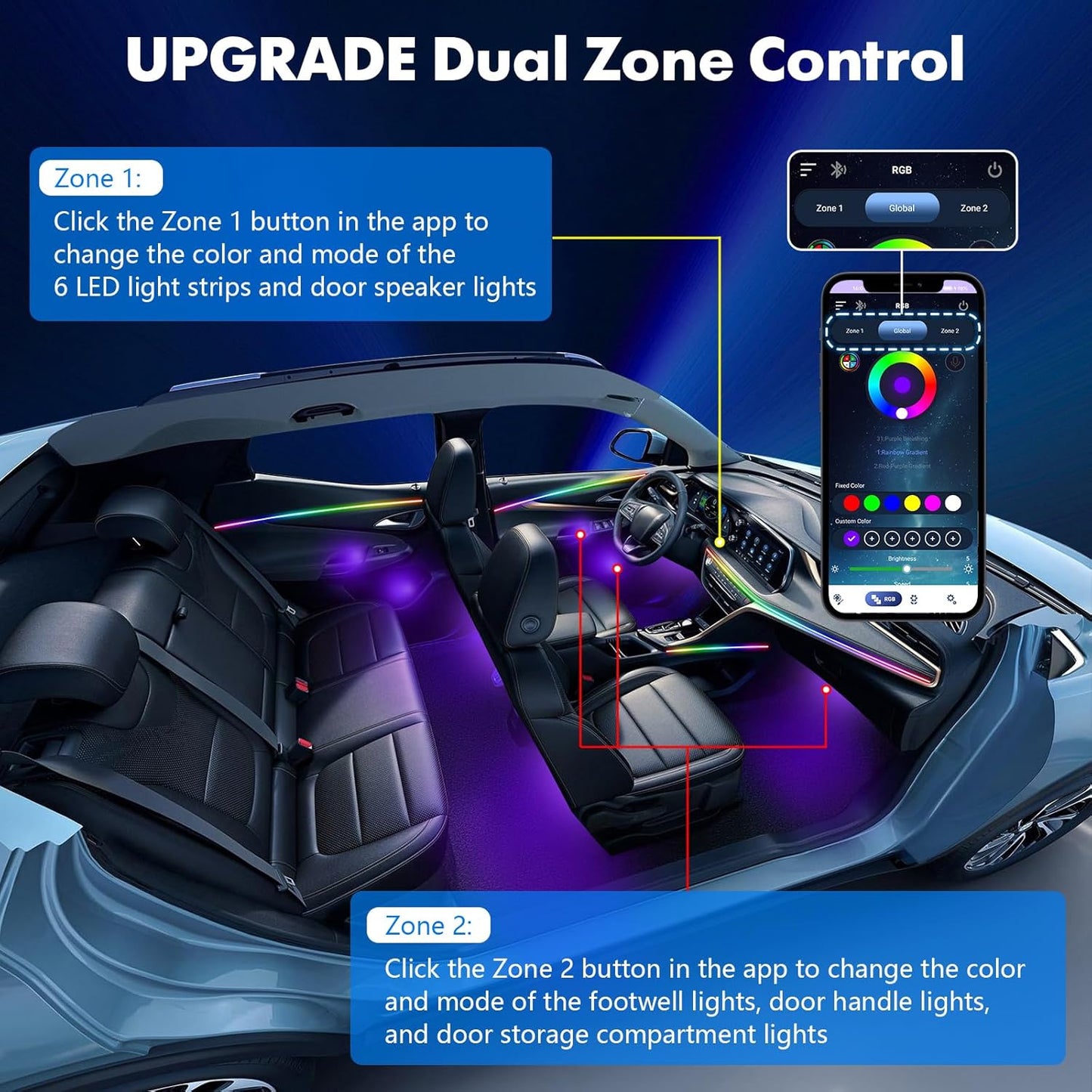 2025 Upgraded Dreamcolor Acrylic Interior Car LED Strip Light with Self-Developed App Dreamcolor RGB 14 in 1 | Dual Zone Control | Super Brighter Strips | Music Sync Ambient Lighting Car Interior