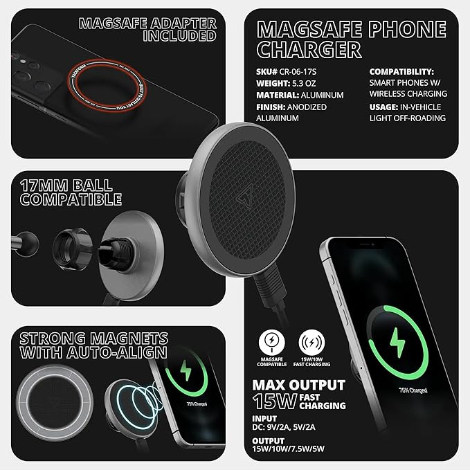 Tackform Link Vent Mount Magnetic Wireless Charging Phone Holder - Compatible with MagSafe, '21-'25 Ford F150 & Raptor, '23-'25 Ford Super Duty | Aluminum Bracket | Short Reach