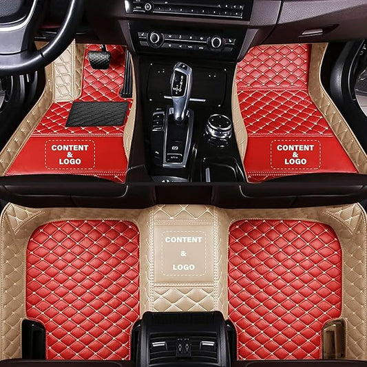 Custom Making Car Floor Mats Compatible for 2000-2025 All Mode Sedan SUV Sports Car Full Coverage Cute Pads Protection Non-Slip Leather Floor Liners (Red+Beige Edge)