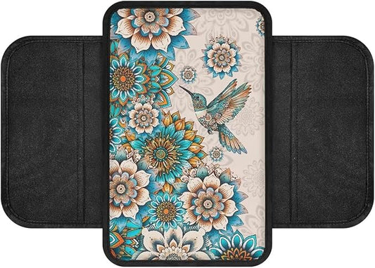 Hummingbird and Boho Mandala Print Car Armrest Cover Stretchy Car Armrest Cover Cushion Elastic Armrest Seat Box Cover Protector Center Console Armrest Cover Pad