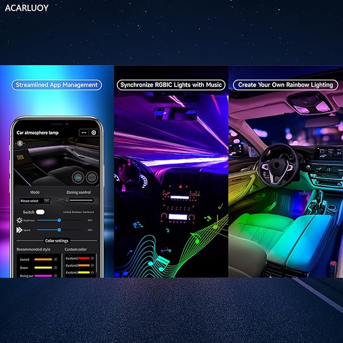 Acrylic Car LED Ambient Light, Fiber Optic Interior Light Strip, 24 Million Types, Ambient Light KKT that Swings with The Melody of Music (Dreamcolor 18 in 1)