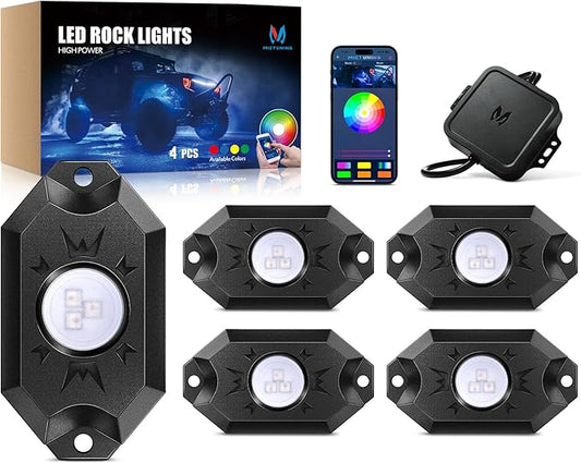 MICTUNING 2nd-Gen CM RGB Rock Lights - 4 Pods Waterproof Multicolor Neon Underglow Kit with Bluetooth App Control & Music Mode for Trucks Pickup UTV SUV ATV （2 Year Warranty）