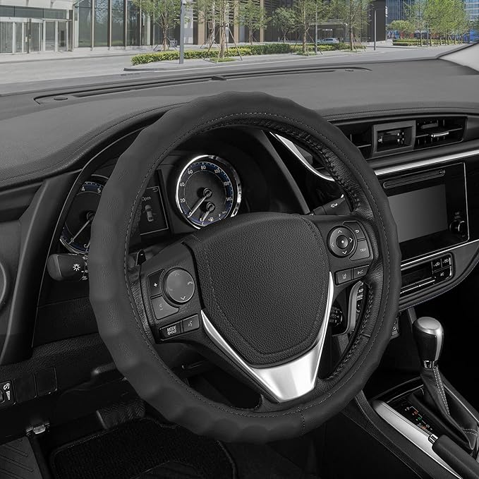 BDK Genuine Black Leather Steering Wheel Cover for Car, Small (13.5" - 14.5") – Ergonomic Comfort Grip for Men & Women, Car Steering Wheel Cover for Vehicles with Small Steering Wheels