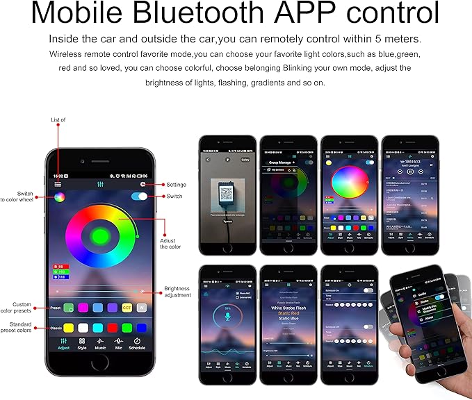 Car Interior Ambient Lighting RGB 64 Colors Multicoloured Music Car Footwell Lighting Kit with Cigarette Lighter and App Microphone, 12V-24V 1W