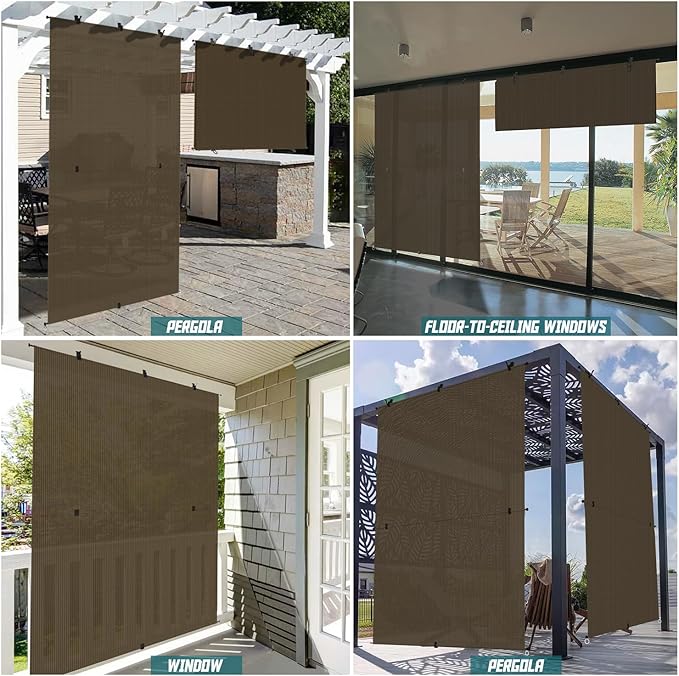 Bynbbur 6'W x 11'H Outdoor Patio Shades Foldable Roller Blinds, 220 GSM Sun Shade Roll Up Porch Screens Exterior Shade Cloth for Deck Pergola Backyard, Brown