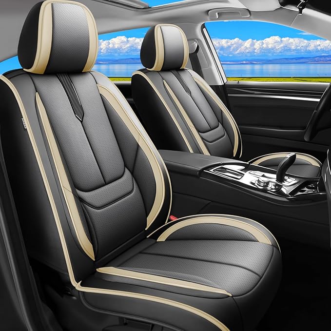 Fit Fj Cruiser Car Seat Covers for Toyota Fj Cruiser 2007-2013 2014 -Upgraded Premium Waterproof & Breathable Leather,Airbag Compatible,All-Weather Seat Cushion Protector,2 Front/Black-Beige