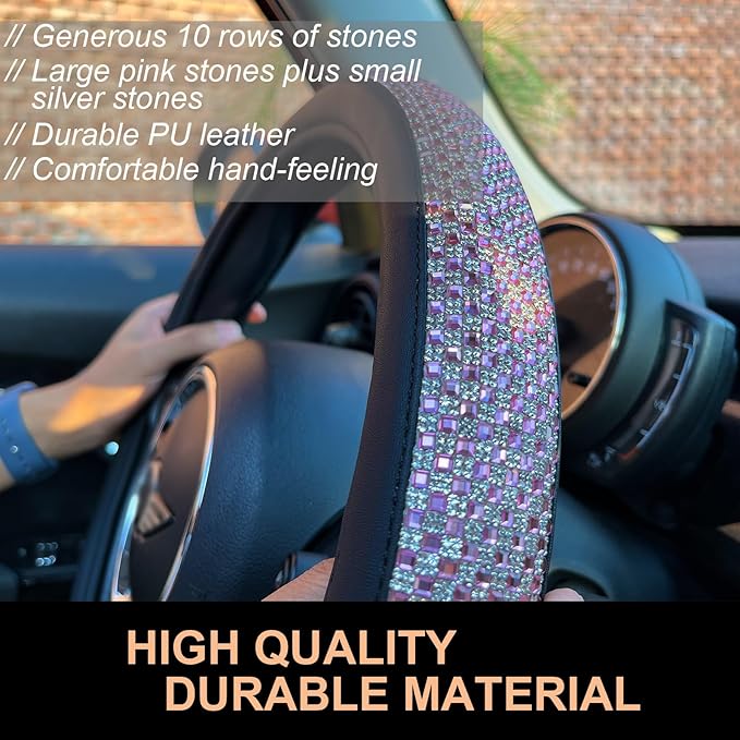 PINCTROT Bling Bling Comfy Steering Wheel Cover with Jumbo Crystal Rhinestones, Anti-Slip Diamond Leather, Universal 15 Inch (Pink)