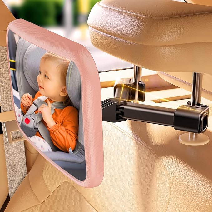 TAZENI Car Mirror for Baby - Hook Clip Design, Never Shake Car Seat Mirror, Rear Facing, Easy Install, Back Seat Crystal Clear View, ShatterProof Tested - Pink