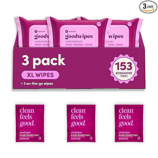goodwipes Flushable Butt Wipes - Vitamin E & Aloe - Sewer & Septic Safe - Extra Large Adult Wet Wipes For Women & Men - Bathroom Essentials - Rosewater, 153 Count (3 Packs + 3 Individually Wrapped)