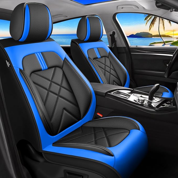CX-7 Car Seat Covers Fit for Mazda CX-7 2007-2012, Full Coverage Premium Leather Waterproof Breathable Seat Covers, Automotive Seat Protectors, Airbag Compatible(2 Front Seats, Black-Blue)