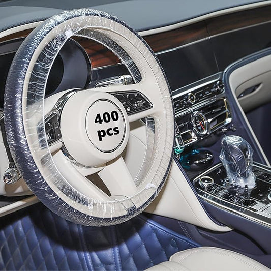 Lawei Sef of 400 Disposable Steering Wheel Covers and Gear Selector Shifter Knob Covers, Universal Plastic Transparent Car Steering Wheel Covers with with Elastic Bands, Disposable Gear Shift Cover