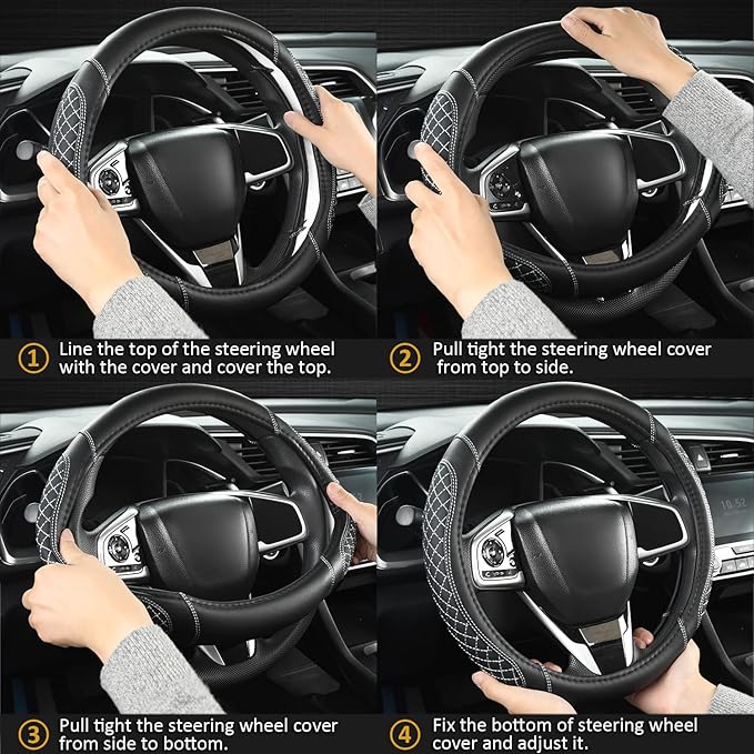 West Llama Customized Auto Car Steering Wheel Cover for Jeep 14.5-15 inches, Steering Wheel Cover for Jeep (Diamond Quilted-Black+Gray - Standard Size)