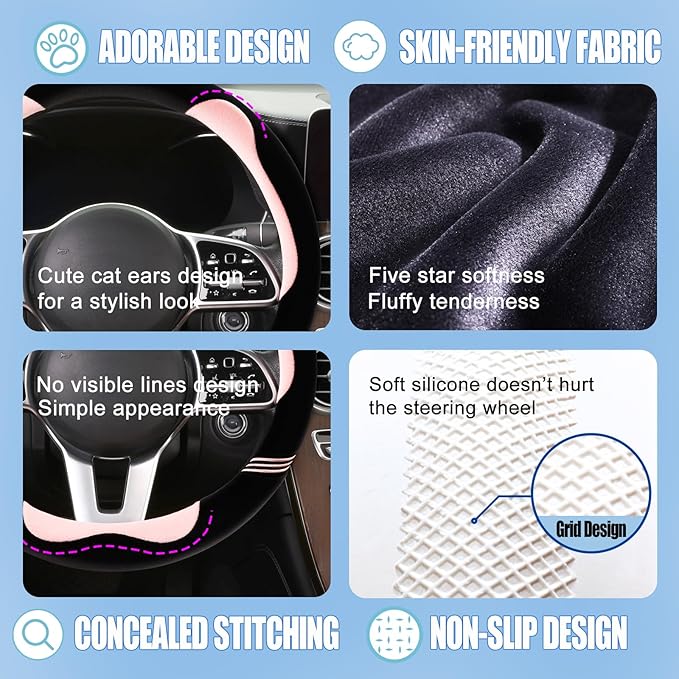 Furry Cute D Shaped Steering Wheel Cover, Soft Fluffy Short Plush Auto Accessories, Non-Slip Cold-Proof Sweat-Proof Colorfast, Universal 15 inch(Black with Pink)
