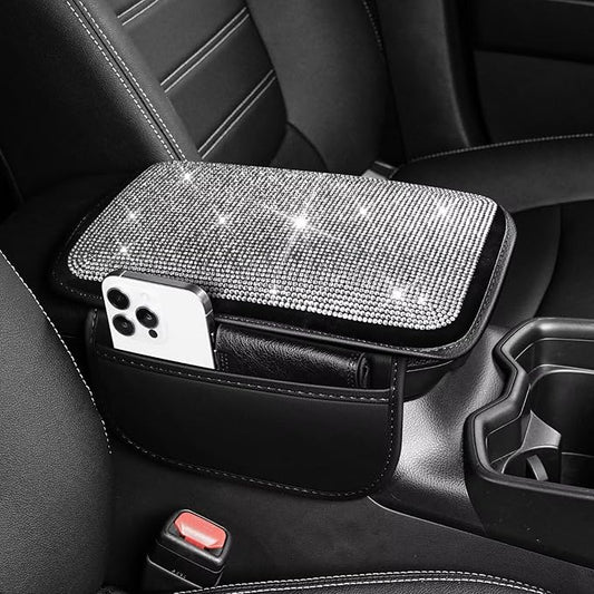 Bling Center Console Cover Fit for Toyota Highlander with 2 Storage Bags Fully Diamond-Studded Style Center Console Armrest Cover with Total Protection(Silver Diamond)