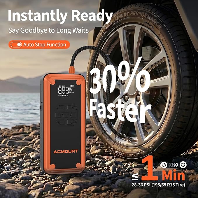 Jump Starter with Air Compressor, Acmount 5000A Car Battery Jump Starter with 150PSI Tire Inflator for Up to 9.0 Gas/8.0L Diesel, 12V Portable Jump Starter Box with LCD Display, Light (Orange&Black)