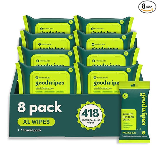 goodwipes Flushable Butt Wipes - Vitamin E & Aloe - Sewer & Septic Safe - Extra Large Adult Wet Wipes For Women & Men - Bathroom Essentials - Botanical Bliss, 418 Count (8 Packs + 1 Travel)