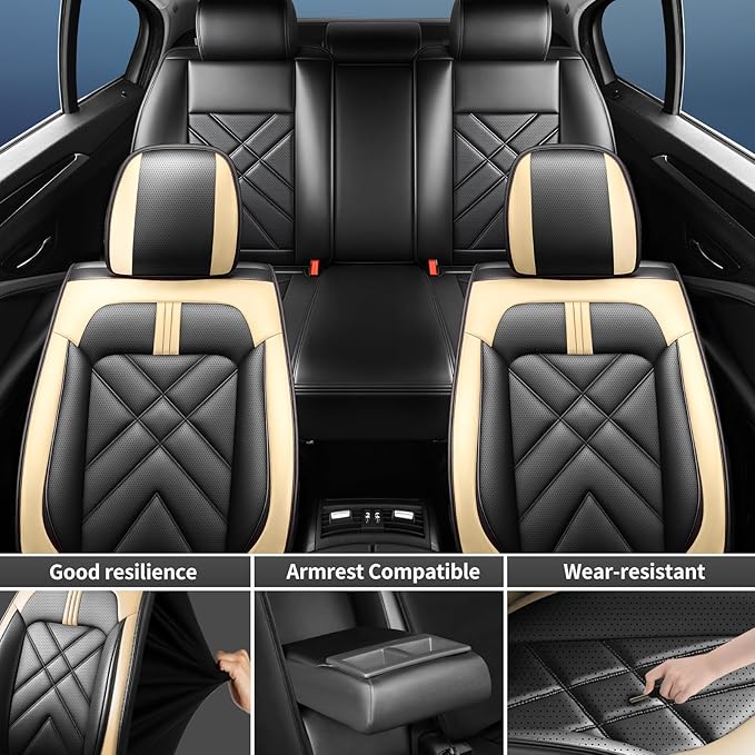 CX-3 Car Seat Covers Fit for Mazda CX-3 2016-2021, Full Coverage Premium Leather Waterproof Breathable Seat Covers, Automotive Seat Protectors, Airbag Compatible(Full Set Seats, Black Beige)