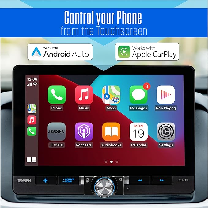 Jensen J1CA8FL 8-inch Certified Apple CarPlay Android Auto Wired or Wireless | Single DIN and Double DIN Touchscreen Car Stereo Radio | Bluetooth | Front and Rear Camera Inputs | USB Playback & Charge